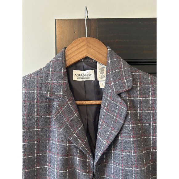 Women's Gray Zip Up Blazer With Red and White Windowpane Detail - Picture 5 of 8